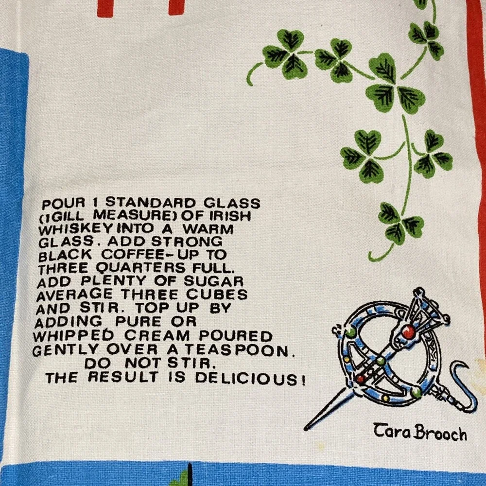 VTG 100% Linen Irish Tea Towel - Coffee Recipes & Elf Soda Bread Design